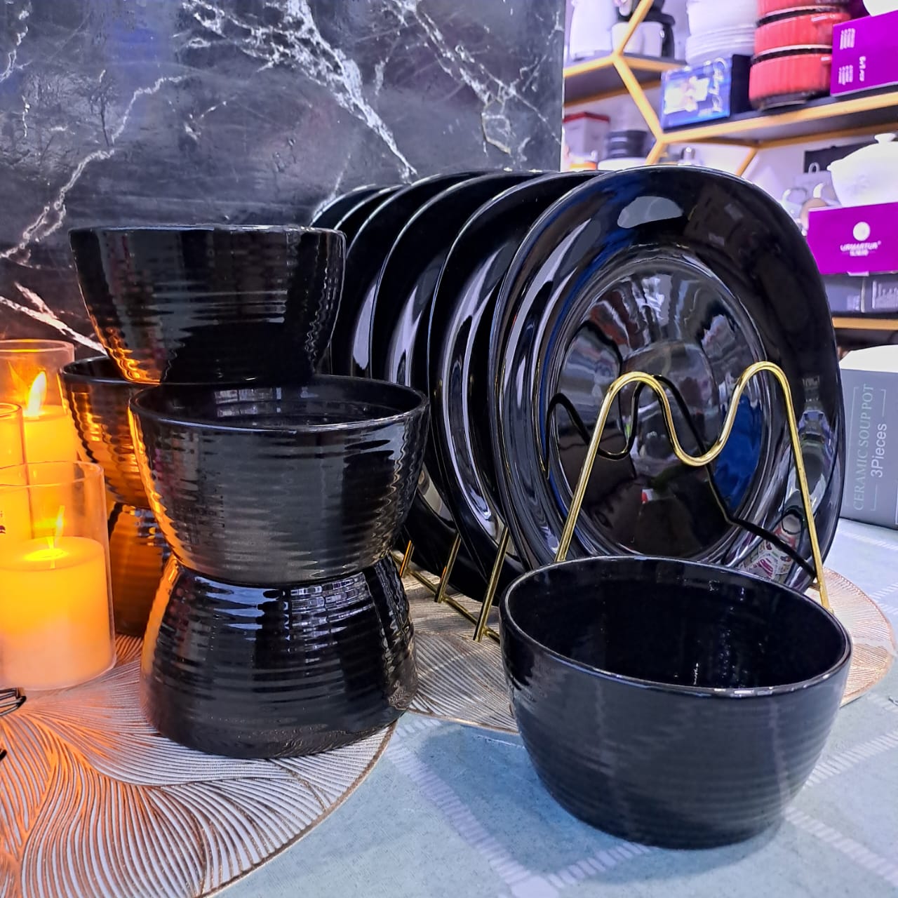 12pc Glossy Black Dinning Set/Deep textured flat bottom Soup.bowls plus square plates