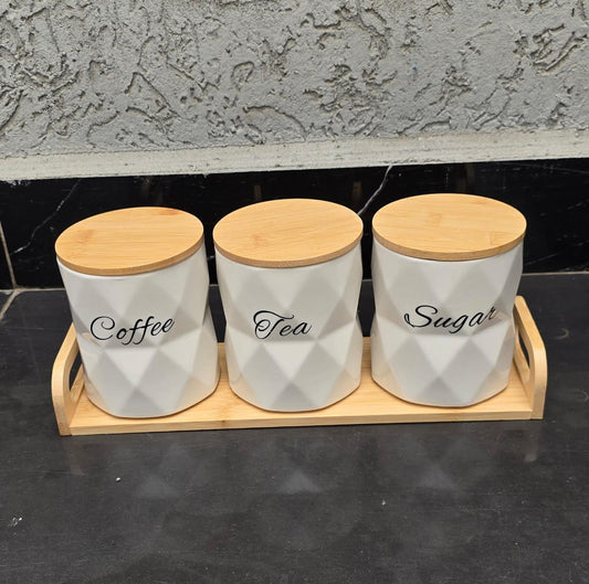 3Pcs Ceramic Canisters Set  with Bamboo Stand